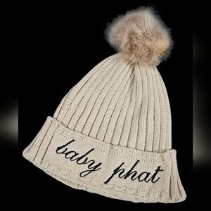 Baby Phat Y2K Vintage Beige Cable Knit Hat with Faux Fur Pom Pom